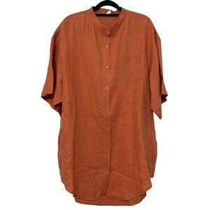 100% Linen Shirt Orange‎ Size Small 1 Summer Lightweight Button Up Short Sleeve